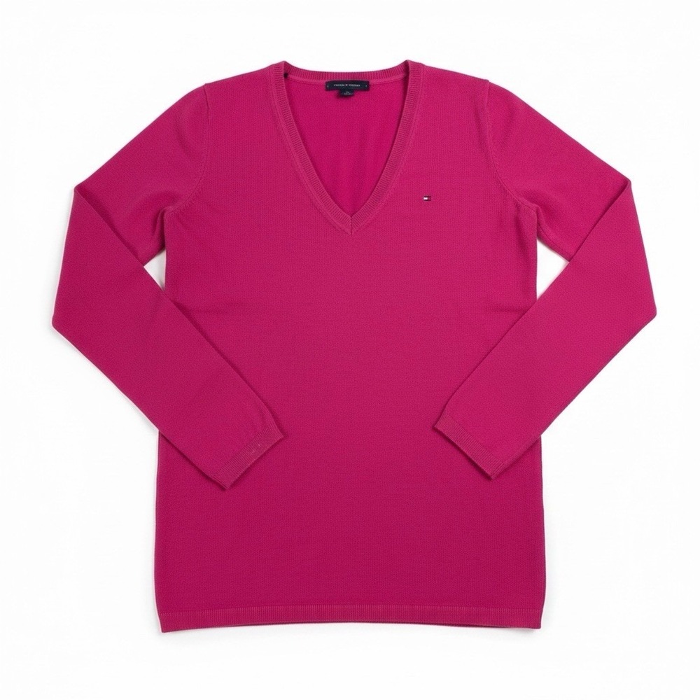 Y2K Pink Tommy Hilfiger V Neck Sweater Embroidered Logo Preppy Women's XS